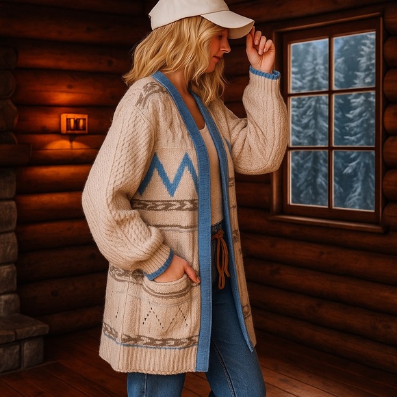 POL Cream Western Aztec Print Open Front Knit Cardigan Sweater with Pockets - Picture 5 of 10